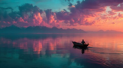Poster - Solitary fisherman rows his small boat across a tranquil lake at sunset, silhouetted against a vibrant, colorful sky and distant mountains. : Generative AI