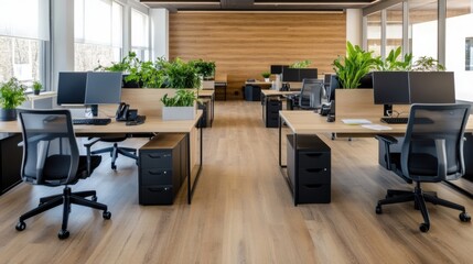 Leinwandbilder - Modern office interior with light wood flooring, wooden wall paneling, and plants, featuring ergonomic black chairs and computer workstations. : Generative AI