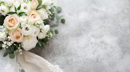Poster - Elegant bridal bouquet of peach and white roses, eustoma, and greenery, resting on a gray textured surface with a delicate lace veil. : Generative AI