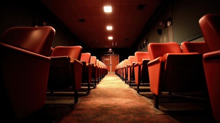 Aufkleber - Empty red cinema seats line a dimly lit aisle, leading to a closed door at the end of a dark theater. : Generative AI