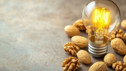 Poster - Glowing light bulb surrounded by walnuts and almonds on a rustic surface, representing ideas and inspiration. : Generative AI