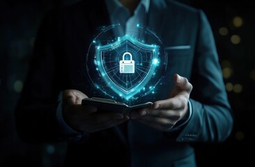 Fototapete - Businessman holding a smartphone displaying a digital shield with a padlock, symbolizing online security and data protection. : Generative AI