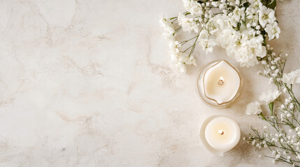 Leinwandbilder - Two lit ivory candles and white flowers arranged on a beige marble surface, creating a serene and peaceful atmosphere. : Generative AI