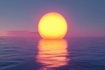 Fototapete - Enormous sun setting over a calm ocean, casting a vibrant pink and orange reflection on the water's surface.  The sky is a gradient of purple and pink, creating a serene and dreamy atm : Generative AI