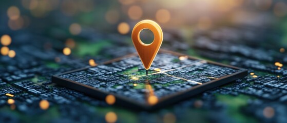 Poster - a location pin indicates the specific position on a futuristic digital city map interface online now