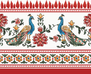 Naklejka na meble traditional Indian art border design with peacock. seamless hand painted watercolor flower border. digital print design, textile print design, horizontal floral border design
