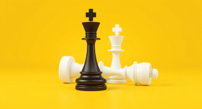 Minimalist digital rendering of two chess pieces—a black queen and a white king—set against a vibrant yellow background. The black queen stands upright, while the white king lies on its side.

