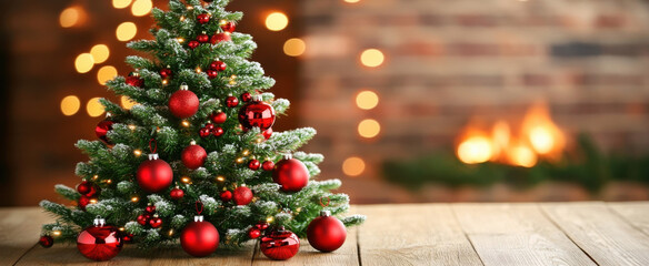 Aufkleber - A small, snow-dusted Christmas tree adorned with red ornaments sits on a wooden table against a blurred background of a fireplace and warm lights. : Generative AI