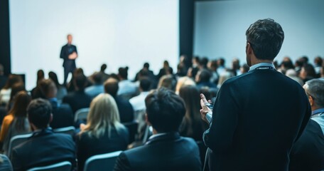Aufkleber - Attentive businessman at a large conference, listening intently to a speaker on a large screen, surrounded by a diverse audience. : Generative AI