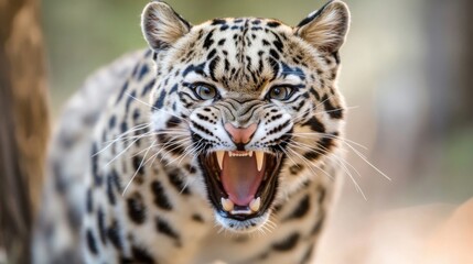 Aufkleber - Closeup of a clouded leopard snarling, showing sharp teeth and intense gaze, its spotted fur detailed against a blurred background. : Generative AI
