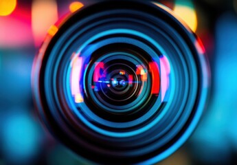 Leinwandbilder - Close-up view of a camera lens with vibrant blue, red, and pink light reflections creating an abstract, circular pattern. : Generative AI