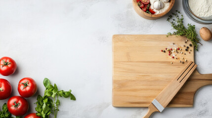 Poster - A rustic kitchen scene featuring ripe tomatoes, fresh basil, a wooden cutting board, spices, and garlic, ready for cooking. : Generative AI