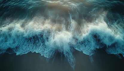 Fototapete - Ocean wave crashing on sandy beach, teal and white foam, aerial view, natural texture, sea water, dynamic movement, powerful surge, coastal scene, tranquil beauty, summer vacation, nat : Generative AI