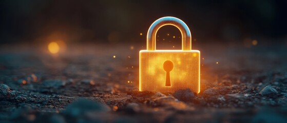 Poster - A glowing gold padlock is securely placed on rugged ground providing digital protection and safety.