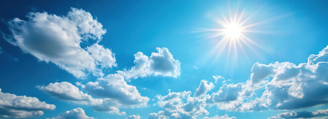 Aufkleber - Bright summer sun shining through fluffy cumulus clouds in a vibrant blue sky, creating a serene and peaceful atmosphere. : Generative AI
