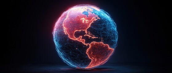 Poster - A digital globe with glowing continents and network connections hovers in the darkness and looks modern.