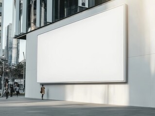 Aufkleber - Blank billboard on modern building exterior, city backdrop, woman walking by, sunlight, advertising space mockup. : Generative AI