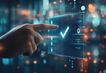 Aufkleber - A hand interacts with a digital interface, selecting a checkmark on a checklist, signifying task completion or approval in a futuristic, technology-driven context. : Generative AI