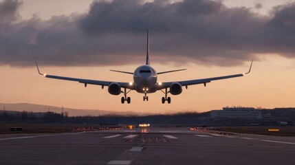 Poster - Airplane landing on runway at sunset, dramatic sky, front view, low angle shot, commercial flight, travel, transportation. : Generative AI