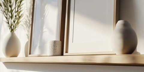 Poster - Modern minimalist home decor: two blank frames, vases, and a plant on a light wood shelf, bathed in sunlight. : Generative AI