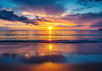 Poster - Stunning sunset over a tranquil ocean beach, showcasing vibrant orange, purple, and blue hues reflected on the wet sand, creating a picturesque tropical scene. : Generative AI