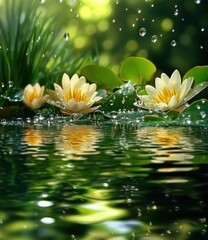 Poster - Three serene yellow water lilies blossom on a tranquil pond, rain droplets gently falling on their petals and leaves, reflecting in the calm water. : Generative AI