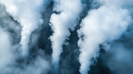 Aufkleber - Aerial view of three distinct plumes of white smoke rising against a dark teal sky, creating a dramatic and ethereal atmospheric effect. : Generative AI