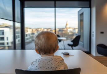 Leinwandbilder - Baby sitting at a table, looking out a large window at a city skyline on a sunny day.  The modern apartment features a spacious balcony and minimalist decor. : Generative AI