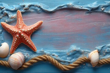 Poster - Seashell and starfish summer beach scene on blue painted wood with rope and sand texture, creating a vibrant coastal vacation backdrop. : Generative AI