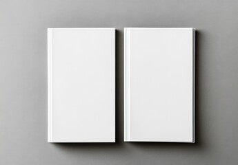 Poster - Two blank white books lie open and closed on a gray surface, providing a clean template for design or publishing projects. : Generative AI