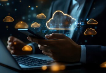 Fototapete - Businessperson using smartphone, laptop, interacting with digital cloud computing interface; glowing network, data, technology concept. : Generative AI