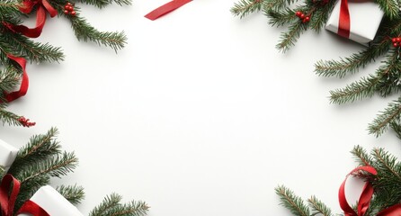Poster - Festive Christmas border with fir branches, red ribbons, and white gift boxes on a white background, perfect for holiday cards or invitations. : Generative AI