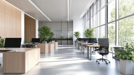Leinwandbilder - Modern, light-filled office space with wooden desks, potted plants, and large windows offering a view of lush greenery. : Generative AI