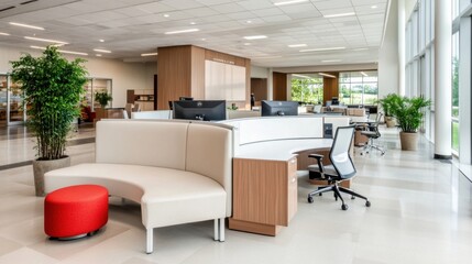 Poster - Modern office interior with curved reception desk, comfortable seating, and large windows offering natural light, showcasing a bright and welcoming workspace. : Generative AI