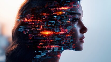 Poster - Beautiful woman's face overlaid with futuristic technology patterns evoking artificial ligence concepts.