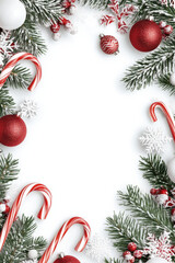 Poster - Festive Christmas border with candy canes, snow-dusted fir branches, red ornaments, and snowflakes on a white background, perfect for holiday cards or invitations. : Generative AI