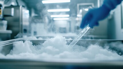 Poster - a scientist's gloved hand carefully pours liquid nitrogen into a stainless steel container, creating