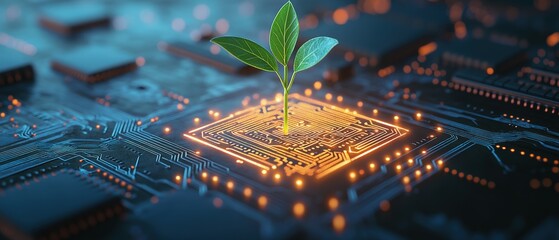Poster - A seedling grows from a microchip, symbolizing technological advancements and environmental responsibility.