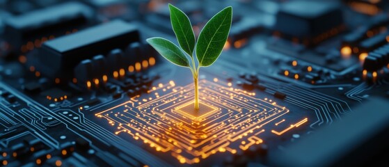 Poster - A vibrant green sprout emerges from a glowing computer circuit board, symbolizing technological advancement.