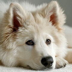 Poster - Adorable white Swiss Shepherd puppy resting peacefully, showcasing its fluffy fur and expressive brown eyes.  A close-up portrait highlighting the dog's gentle nature. : Generative AI