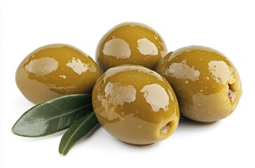 Aufkleber - Close-up shot of four glistening green olives, arranged with olive leaves on a white background, showcasing their vibrant color and texture. : Generative AI