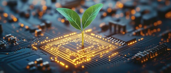 Aufkleber - A small green plant grows from an illuminated circuit board, representing technological innovation.