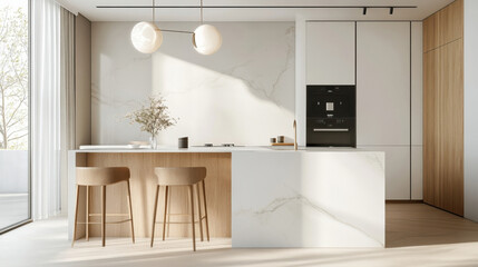 Leinwandbilder - Modern minimalist kitchen design with marble island, oak cabinetry, and sleek black appliances, bathed in natural sunlight streaming through a large window. : Generative AI