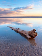 Fototapete - Driftwood log rests in calm, shallow water reflecting a pastel sunset sky with soft clouds above a tranquil beach. : Generative AI
