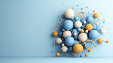 Poster - An arrangement of floating spheres in shades of white, blue, and gold against a light blue background.