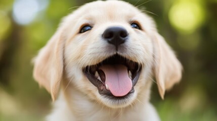 Poster - Adorable Golden Retriever Puppy with Open Mouth, Showing Tongue, in a Blurred Green Background. : Generative AI