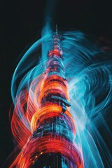 Poster - abstract futuristic tower at night with vibrant lights