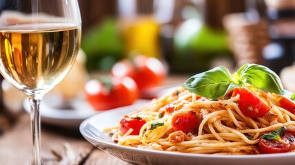 Poster - A delicious plate of spaghetti with cherry tomatoes and basil, garnished with fresh basil leaves, accompanied by a glass of crisp white wine. : Generative AI