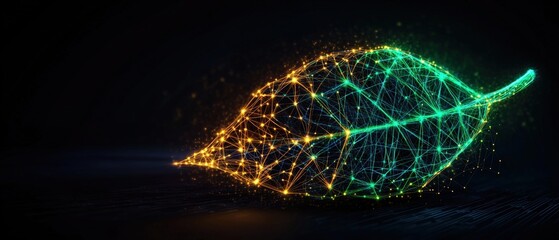 Aufkleber - A glowing digital leaf is constructed from connected lines and points on a dark textured surface.