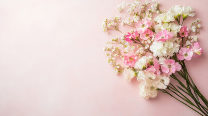 Poster - Delicate pink and white flower bouquet arranged on a pale pink background, perfect for wedding invitations or feminine designs. : Generative AI